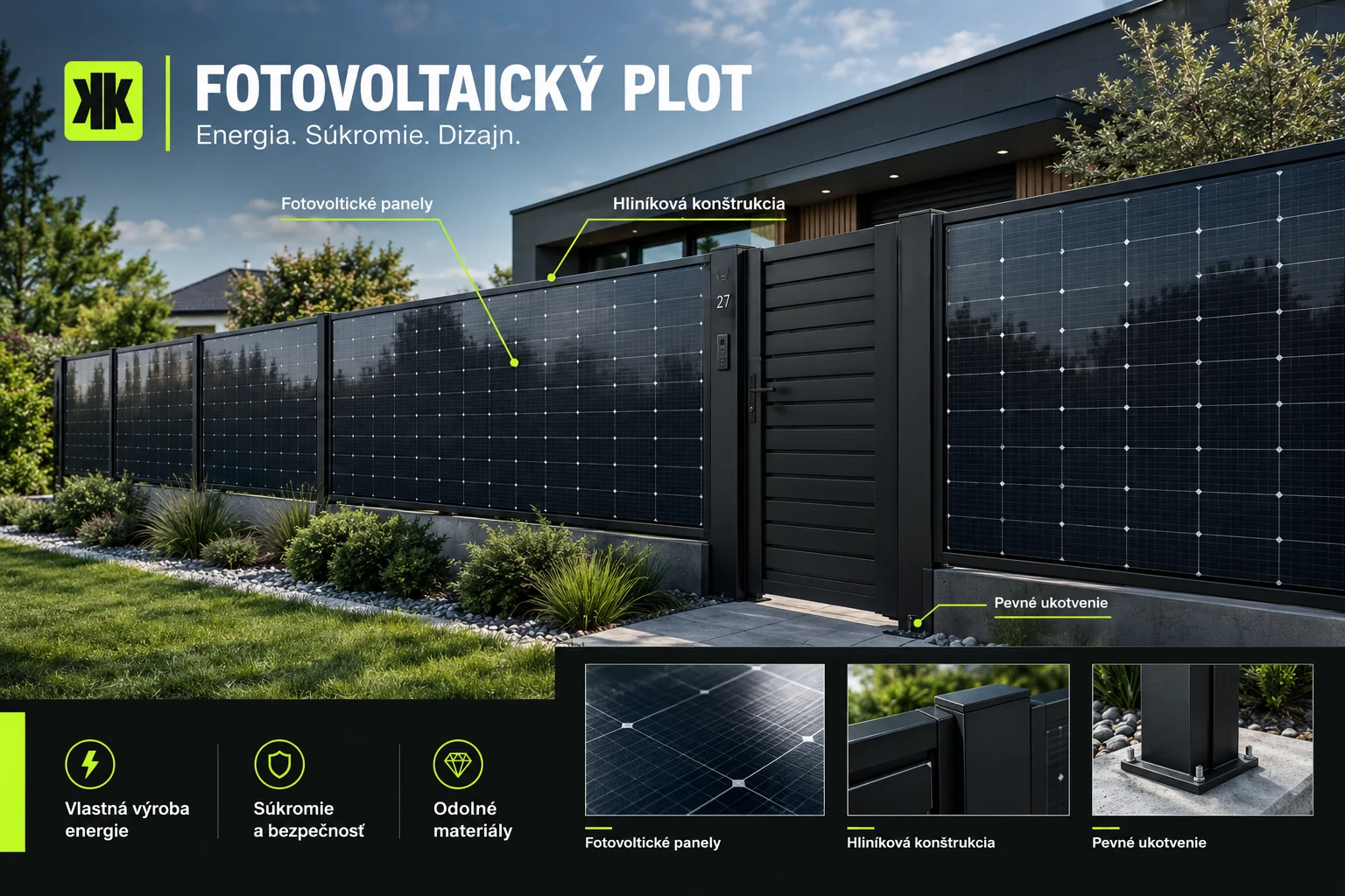 Fotovoltaický plot s označenými panely, konstrukcí a kotvením